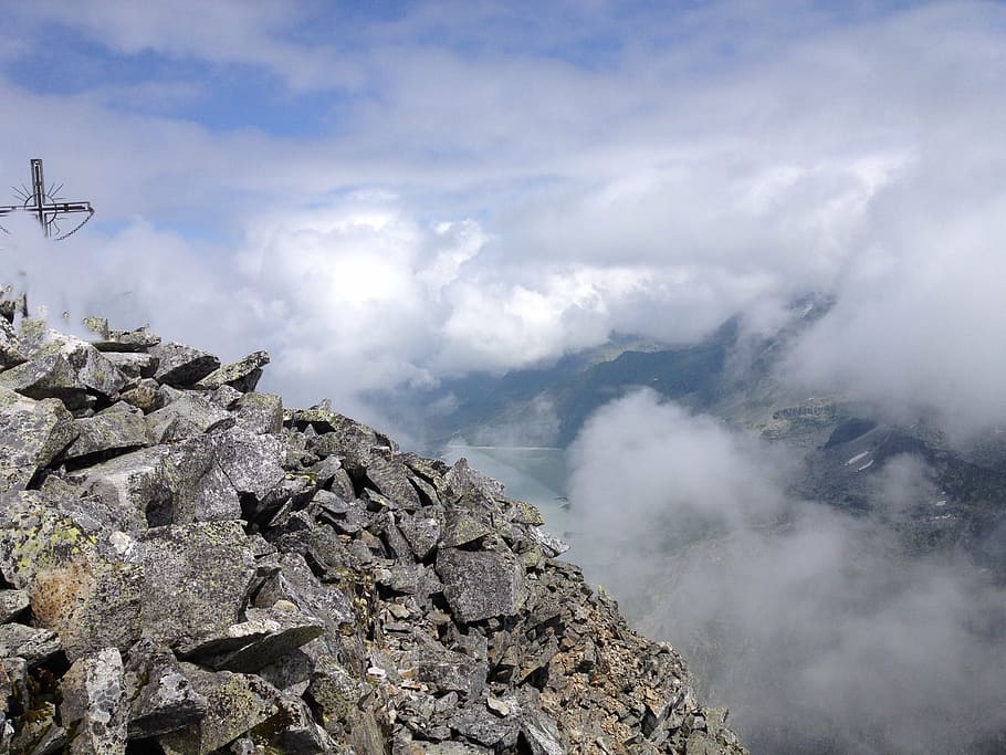 mountains, summit, summit cross, clouds, fog, alpine rock, nature HD wallpaper