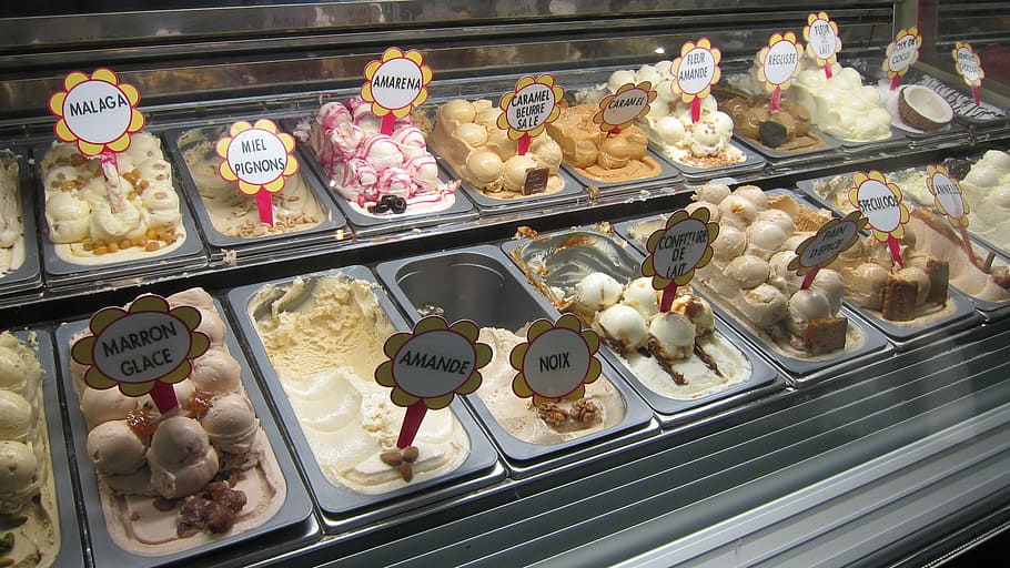 photo of ice cream display, ice creams, desserts, sweet, delicious