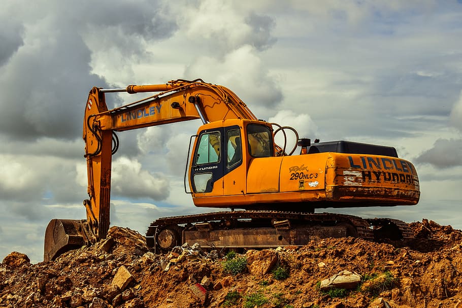 orange Linclet excavator on ground, heavy machine, equipment, HD wallpaper