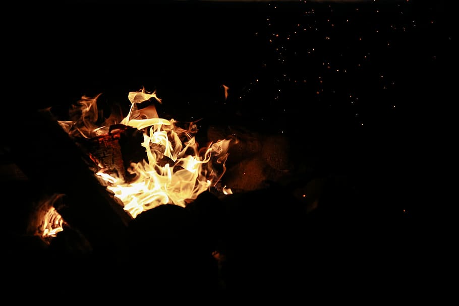 flaming woods at night, untitled, fire, flames, dark, spark, fire pit HD wallpaper