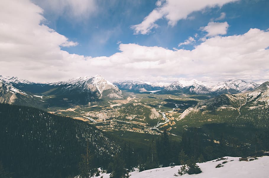 mountains, valley, sky, clouds, landscape, nature, scenery HD wallpaper