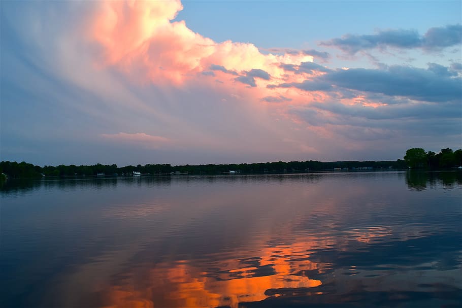 lake photo during daytime, Sunset, Clouds, Puffy, Reflection HD wallpaper