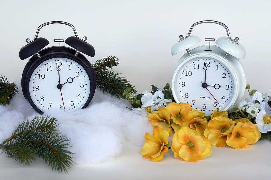 two white and black analog alarm clocks, time conversion, time of HD wallpaper