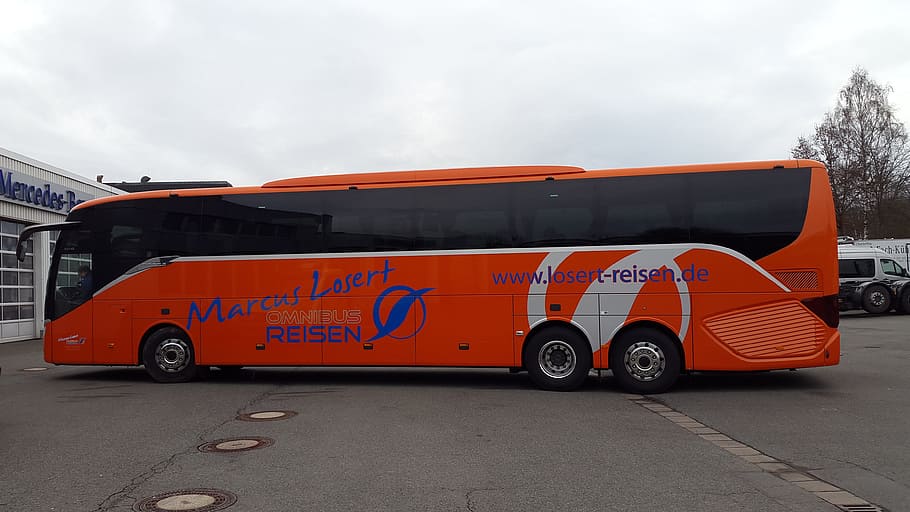 bus, orange, sky, clouds, travel, stand, vehicle, holiday, setra HD wallpaper