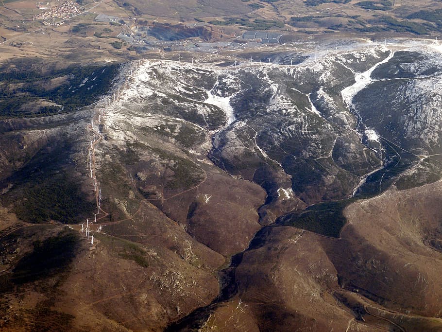 mountains, spain, flight, outlook, view, aerial view, wind power HD wallpaper