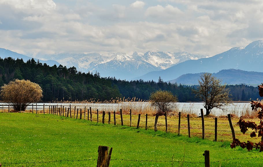 mountain ranges view from green field, easter lake, iffeldorf, HD wallpaper