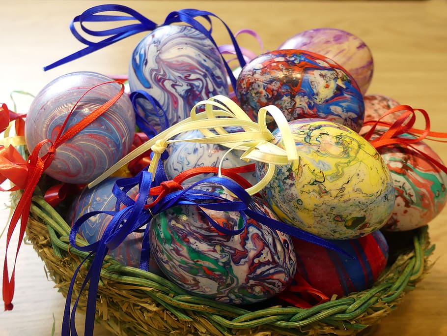 osterkorb, colorful eggs, easter, easter greeting, easter nest HD wallpaper