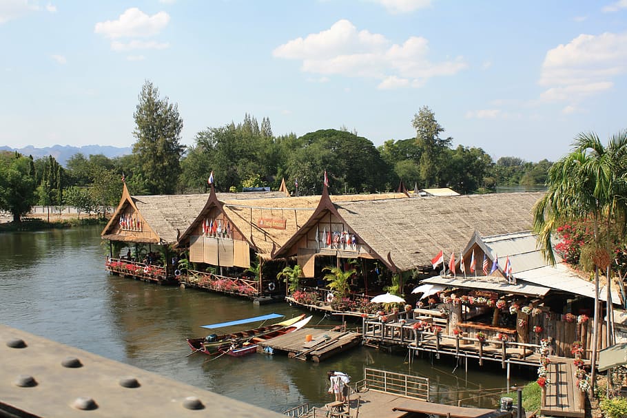 thailand, restaurant, café, floating houses, architecture, HD wallpaper