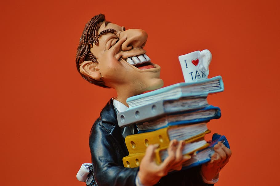 laughing man holding books figurine, tax consultant, office, files, HD wallpaper