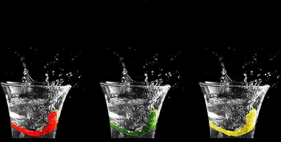 three glasses filled with water, creative, modern art, refreshment HD wallpaper