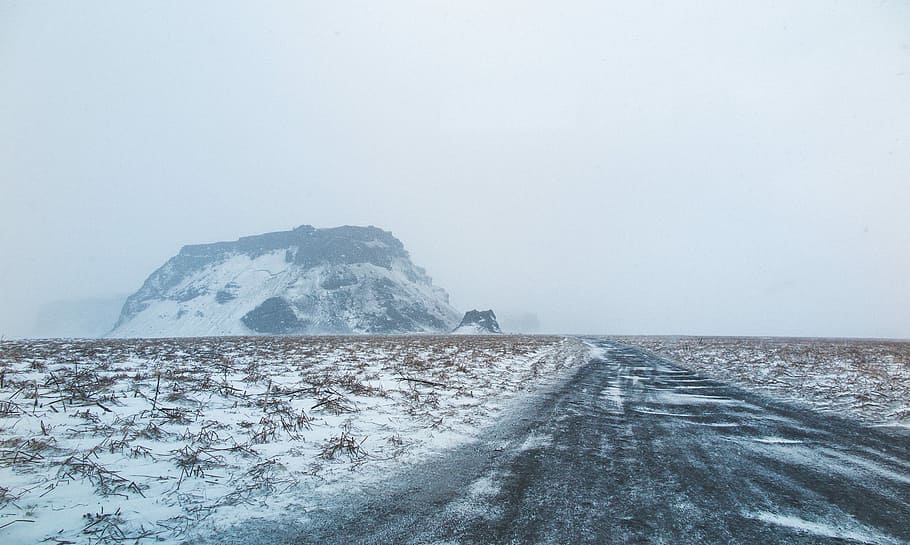 brown mountains covered with snow, snow covered road, cloud, hill HD wallpaper