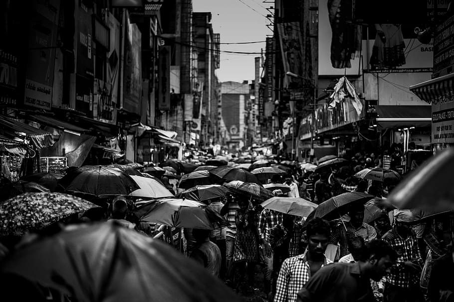 grayscale photography of group of people holding umbrella, grayscale photography of people walking on street, HD wallpaper