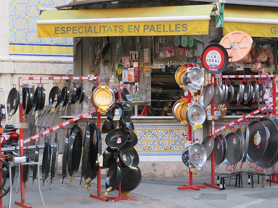 paella, pans, shop, valencia, text, no people, city, retail