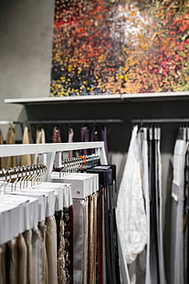 Collection of design fabrics on hangers, material, cloth, clothing HD wallpaper