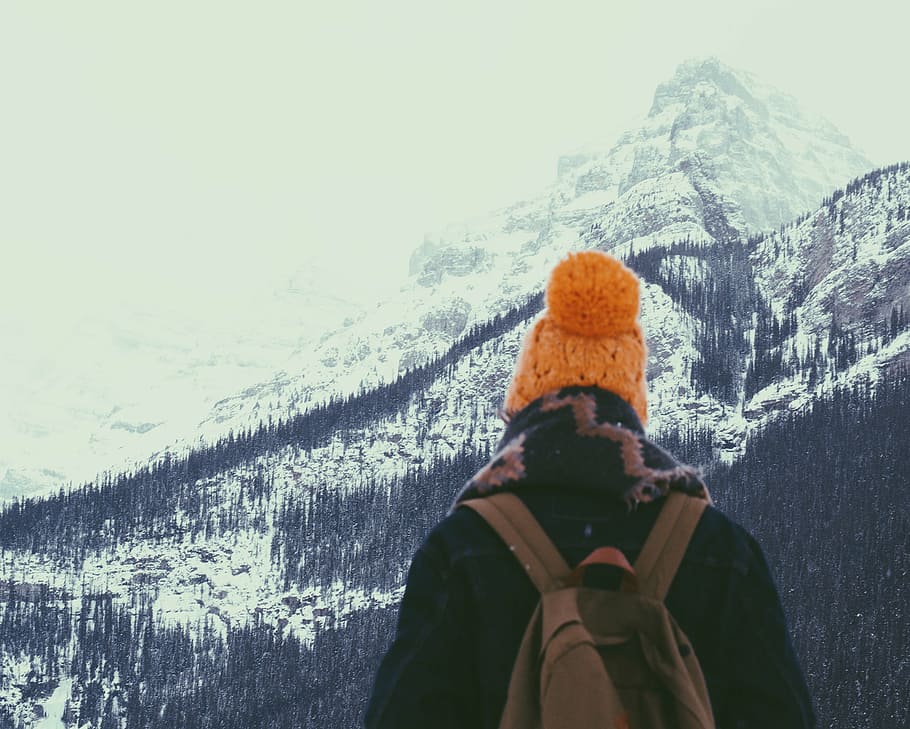 cold, man, mountain, person, snow, trees, winter, outdoors HD wallpaper