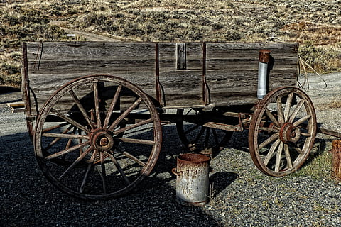 gray wooden utility trailer, wagon, wild west, wheel, vintage HD wallpaper