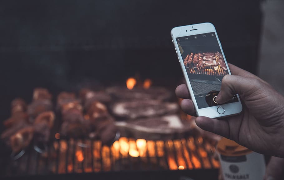 person taking photo of meat being grilled, pork, barbecue, fire, HD wallpaper
