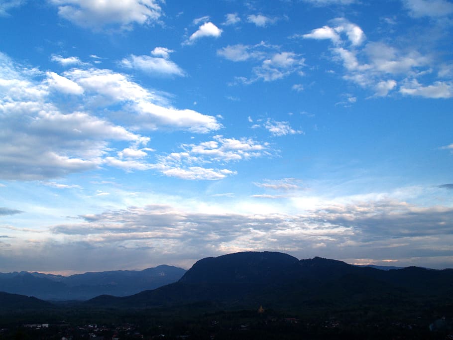 blue, sky, mountains, white, clouds, cloudy, day, landscape HD wallpaper