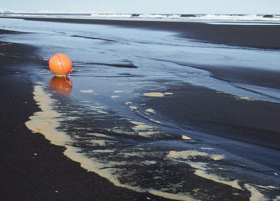 ocean, beach, wave, foam, a balloon, orange, sand, rock, island HD wallpaper