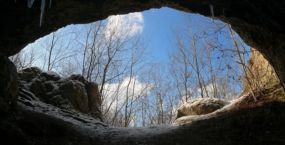 empty cave beside trees, germany, rock, rocks, sky, clouds HD wallpaper