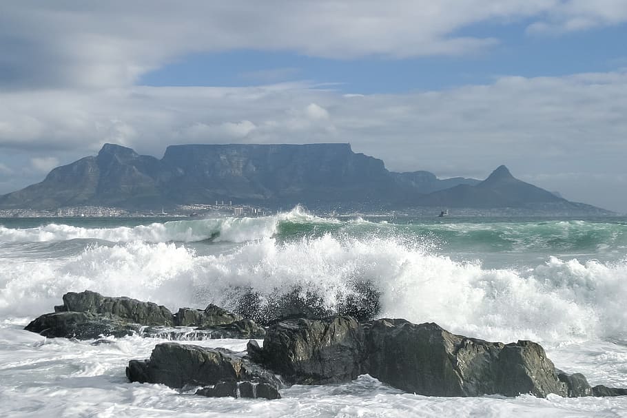 Table Mountain, Ocean, Cape Town, sky, bay, rock, wave, scenic HD wallpaper
