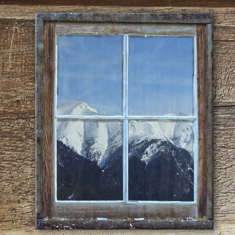 window, old, hut, mountains, winter, glass - material, built structure HD wallpaper