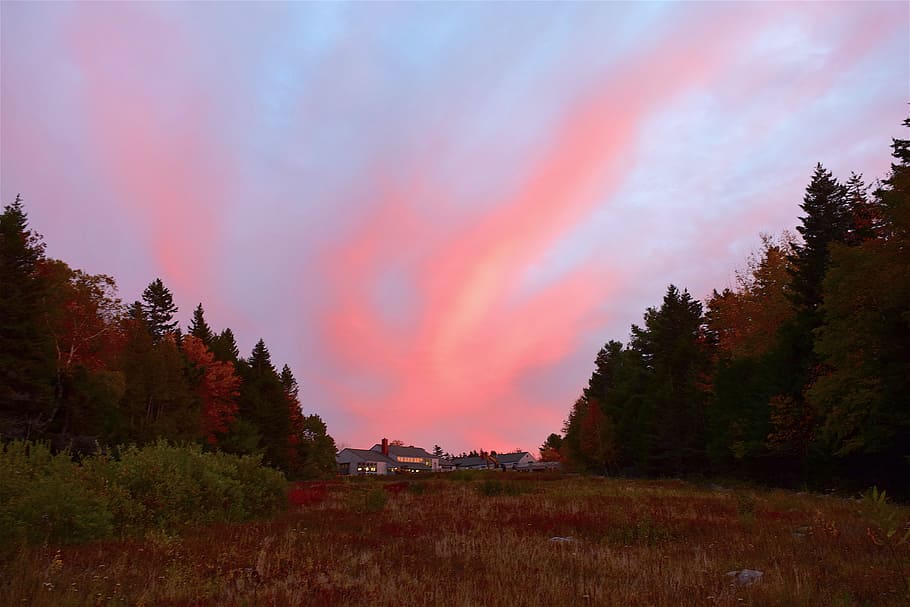 sunset, sky, clouds, dusk, trees, mountain, nature, landscape HD wallpaper