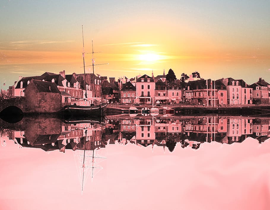 port, sunset, brittany, reflection, sky, water, building exterior HD wallpaper