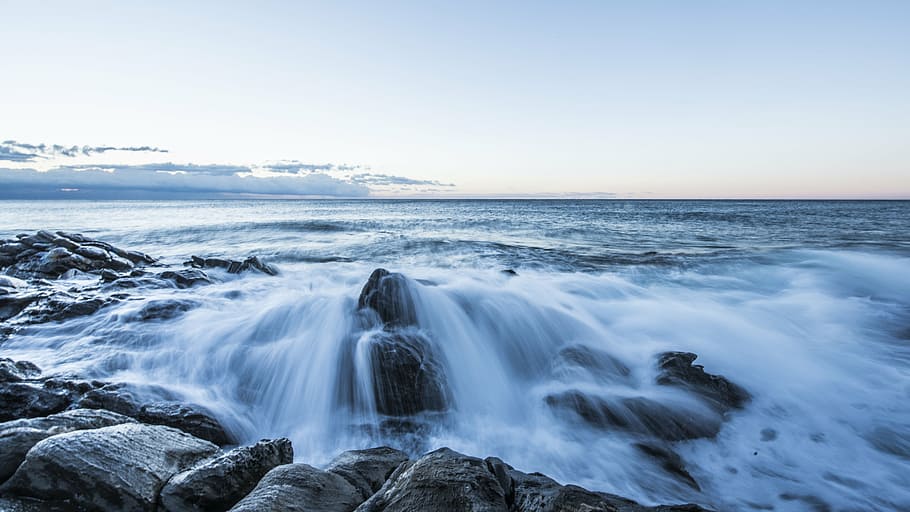 time lapse photo of flowing water on rocks during daytime, dawn HD wallpaper