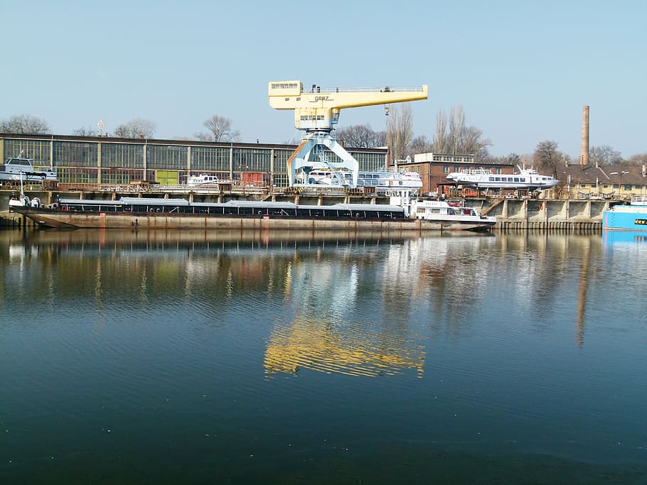 crane, danube, shipyard, industry, water, reflection, sky, transportation HD wallpaper