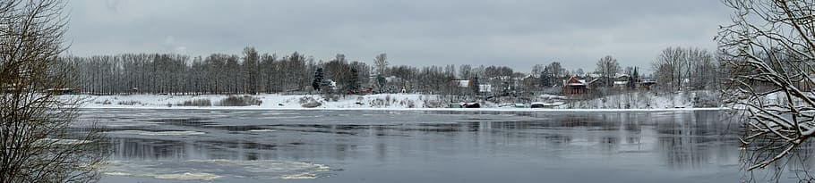 water, panoramic, panoramic photo, river, winter, landscape, HD wallpaper