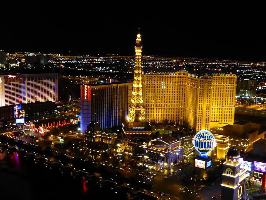 aerial photo of Las Vegas Nevada, eiffel, tower, night, view, HD wallpaper