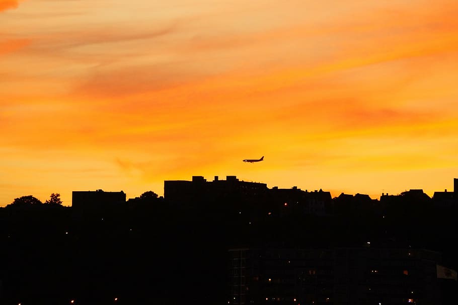 nyc, evening, plane, sunset, silhouette, orange color, cloud - sky HD wallpaper