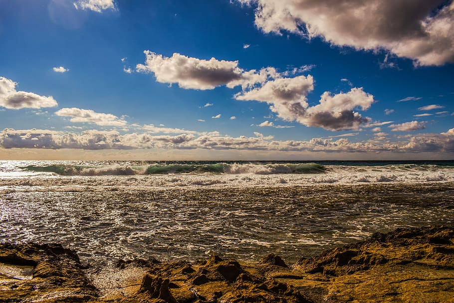 Sea, Wave, Clouds, Afternoon, sky, scenery, sunlight, colorful HD wallpaper