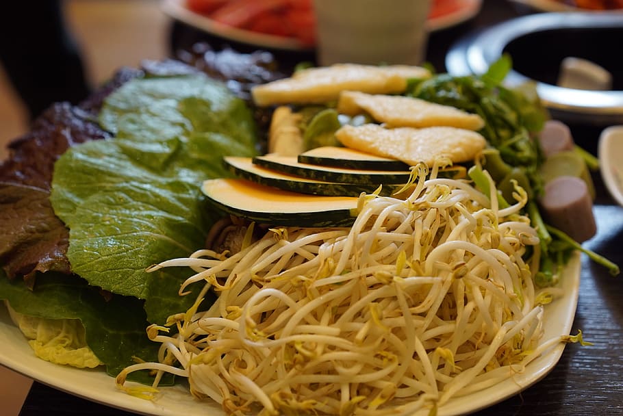 fresh vegetable on plate, bean sprouts, pumpkin, side dish HD wallpaper