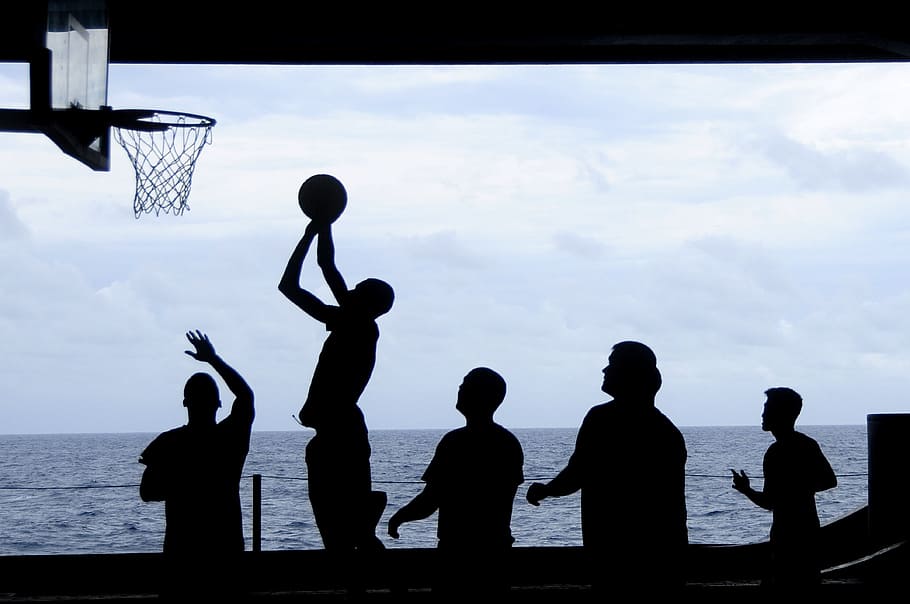 silhouette of people playing basketball at daytime, uss nimitz, HD wallpaper