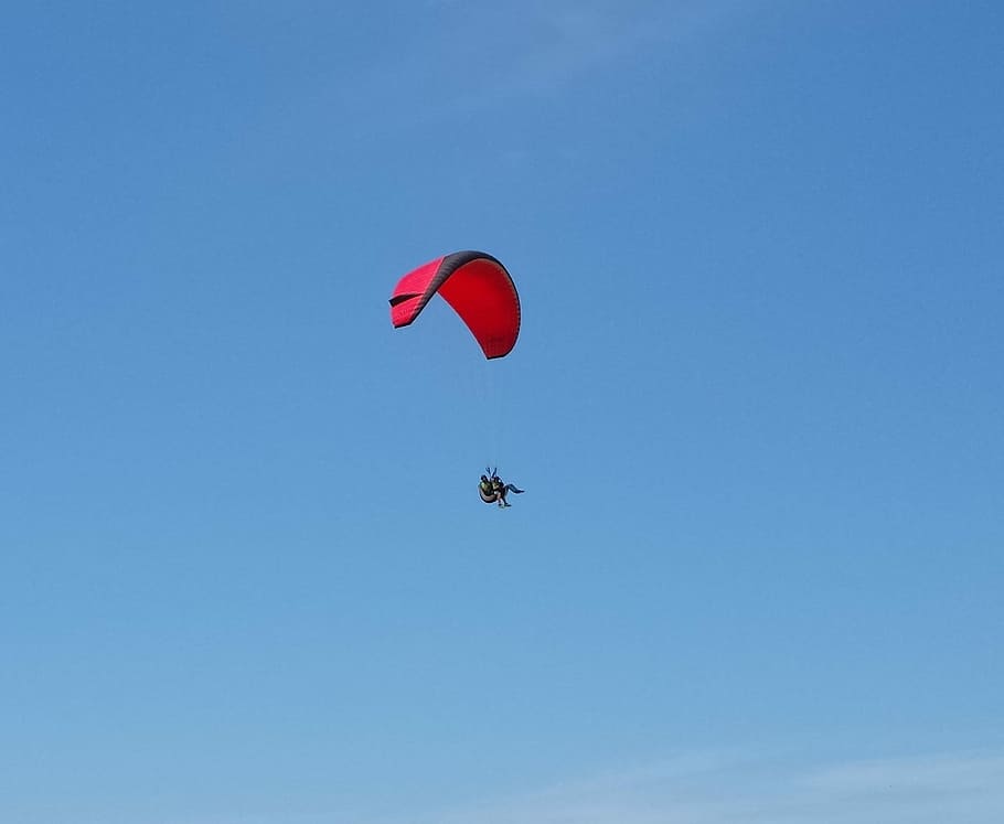 Paragliding, Fly, Blue, Sky, Summer, flying, red, mid-air, parachute HD wallpaper