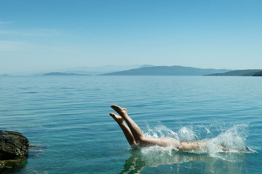 blue, dive, jump, ocean, person, sea, splash, swimmer, water HD wallpaper