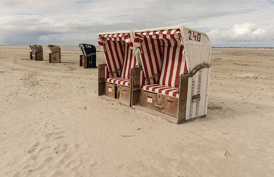 sand, beach, summer, travel, sea, amrum, land, sky, hooded beach chair, HD wallpaper