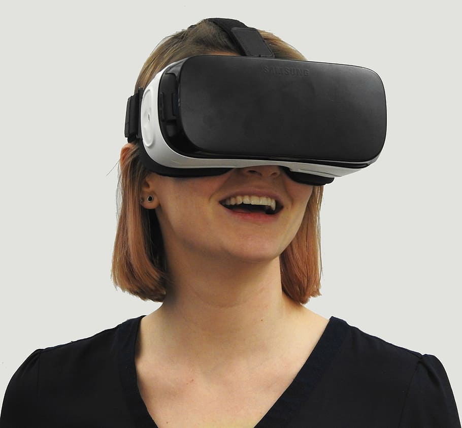 woman wearing VR headset, virtual reality, technology, device