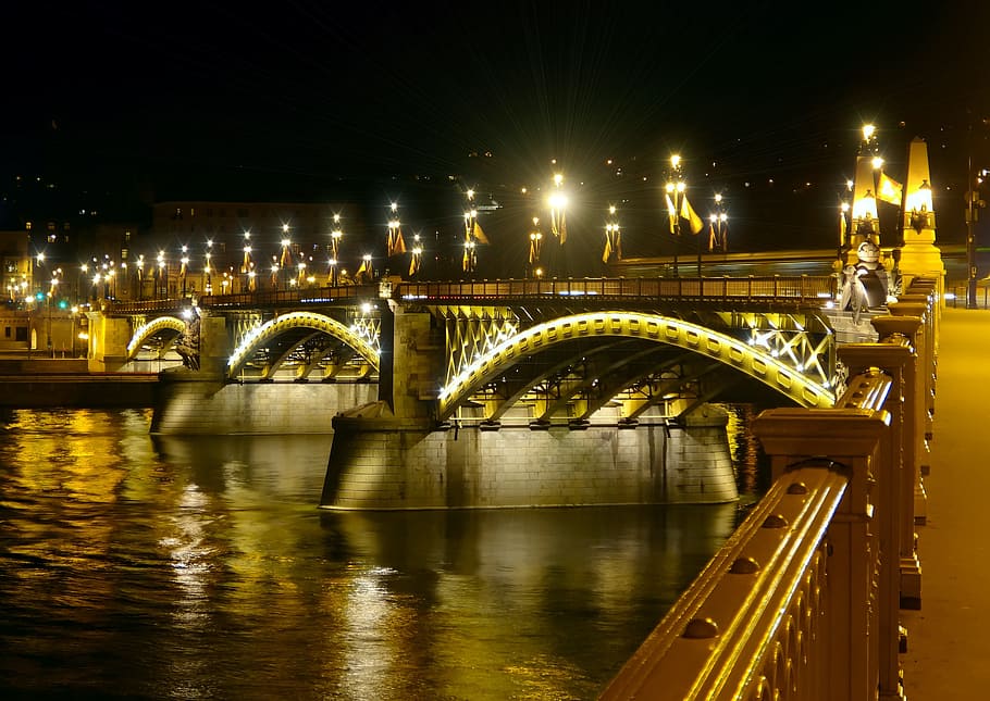 Budapest, Bridge, Night, Light, Light, River, evening, bridge - man made structure HD wallpaper