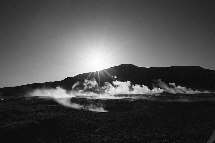 black, black-and-white, clouds, dawn, dusk, mountains, nature HD wallpaper