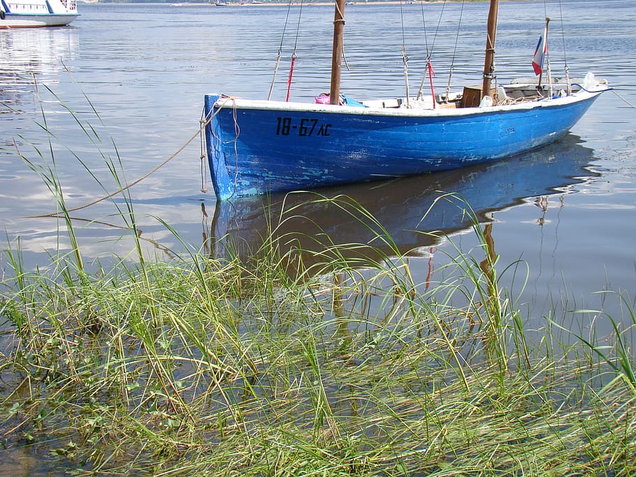 boat, beach, grass, river, summer, sun, volga, samara, russia HD wallpaper