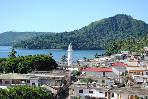 sada, mayotte, mosque, sea, summer, mountain, coastline, town HD wallpaper