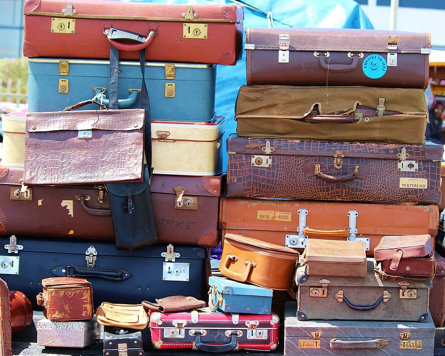 brown and black leather hard case lot, stack, bags, brief, cases HD wallpaper