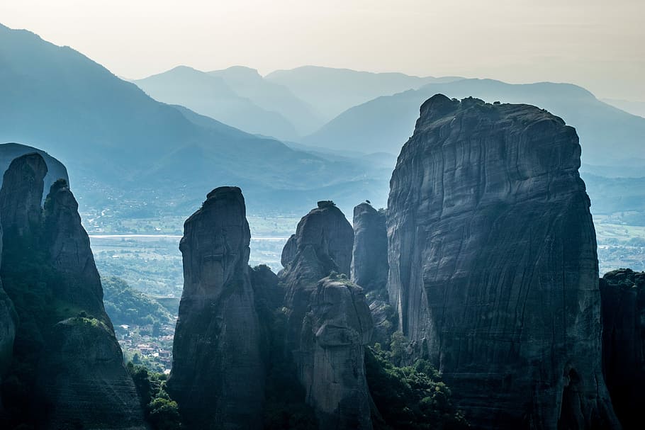 rock formation during daytime, meteora, greece, monastery, landscape HD wallpaper