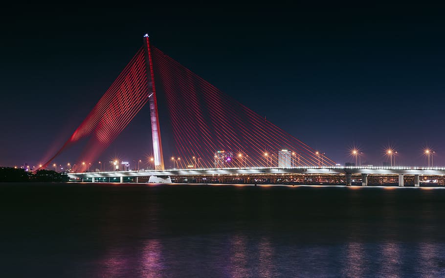 turned on LED wire bridge, bridge with lights near body of water HD wallpaper