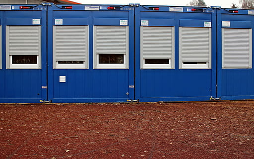 blue shed on ground, container, mobile, mobile raumzelle, room modules HD wallpaper