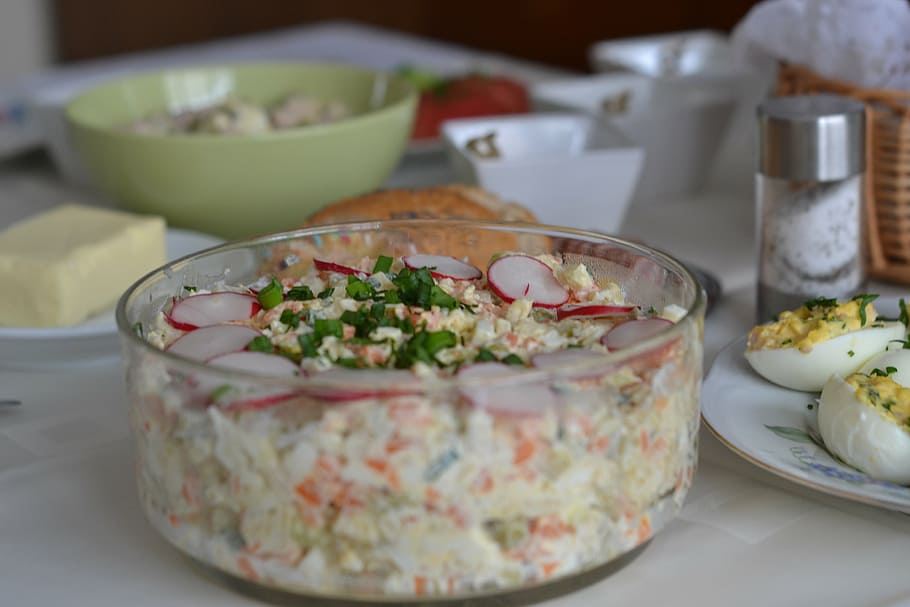 eating, salad, easter, eggs, salt, breakfast, food, meal, gourmet HD wallpaper