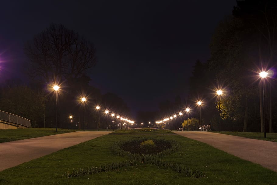 Night, Dark, Olomouc, Nature, Path, park, trees, lights, czech republic, HD wallpaper